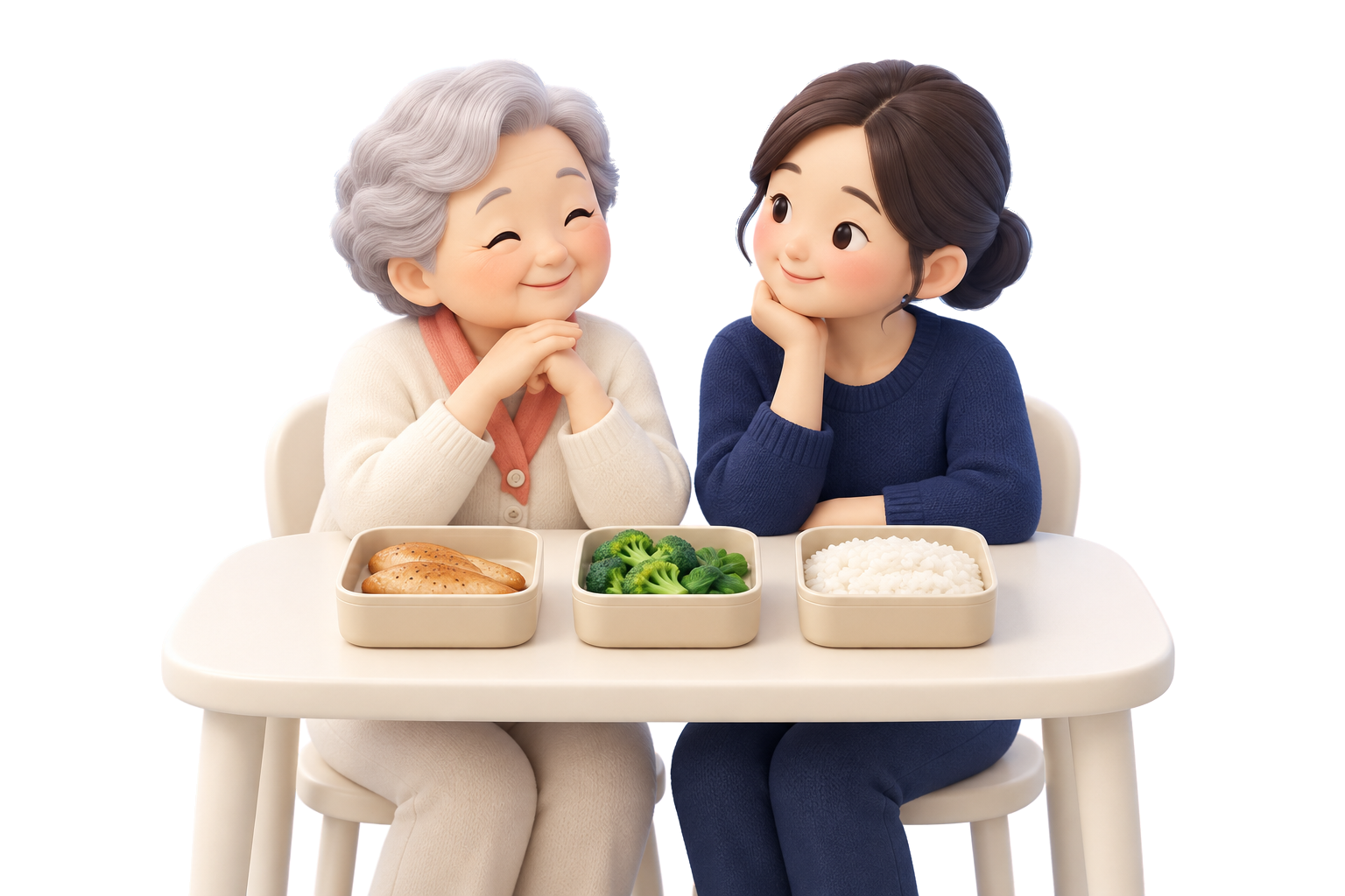 女兒陪伴母親享用三盒分裝膳食的立體插畫