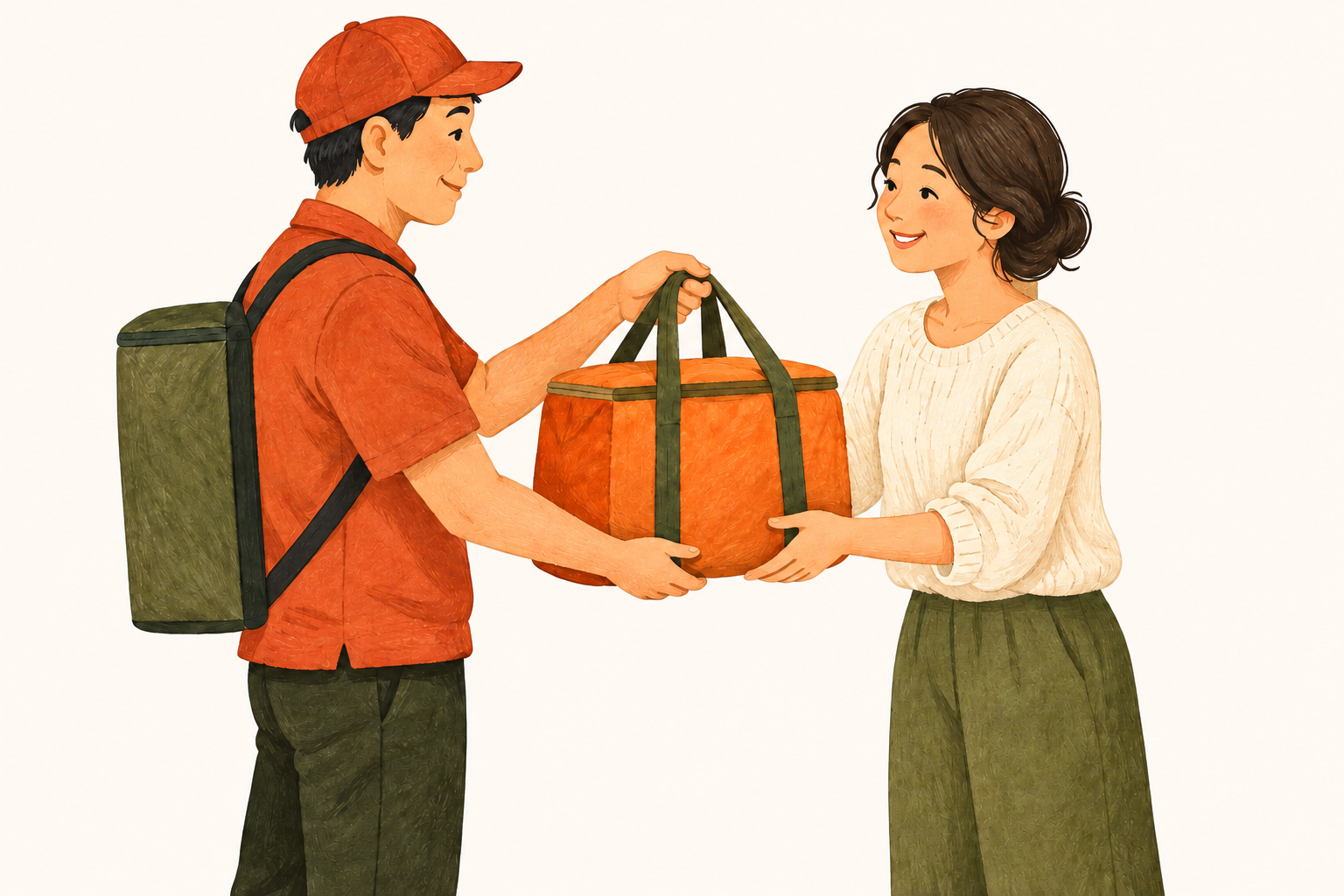 送餐員將餐袋送到家人手上的暖色插畫